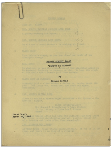 Moe Howard's Script for ''Pardon My Terror'', Originally Written for The Three Stooges, but Unproduced due to Curly's Stroke -- Then Repurposed for Shemp as ''Who Done It?'' -- With Moe's Edits